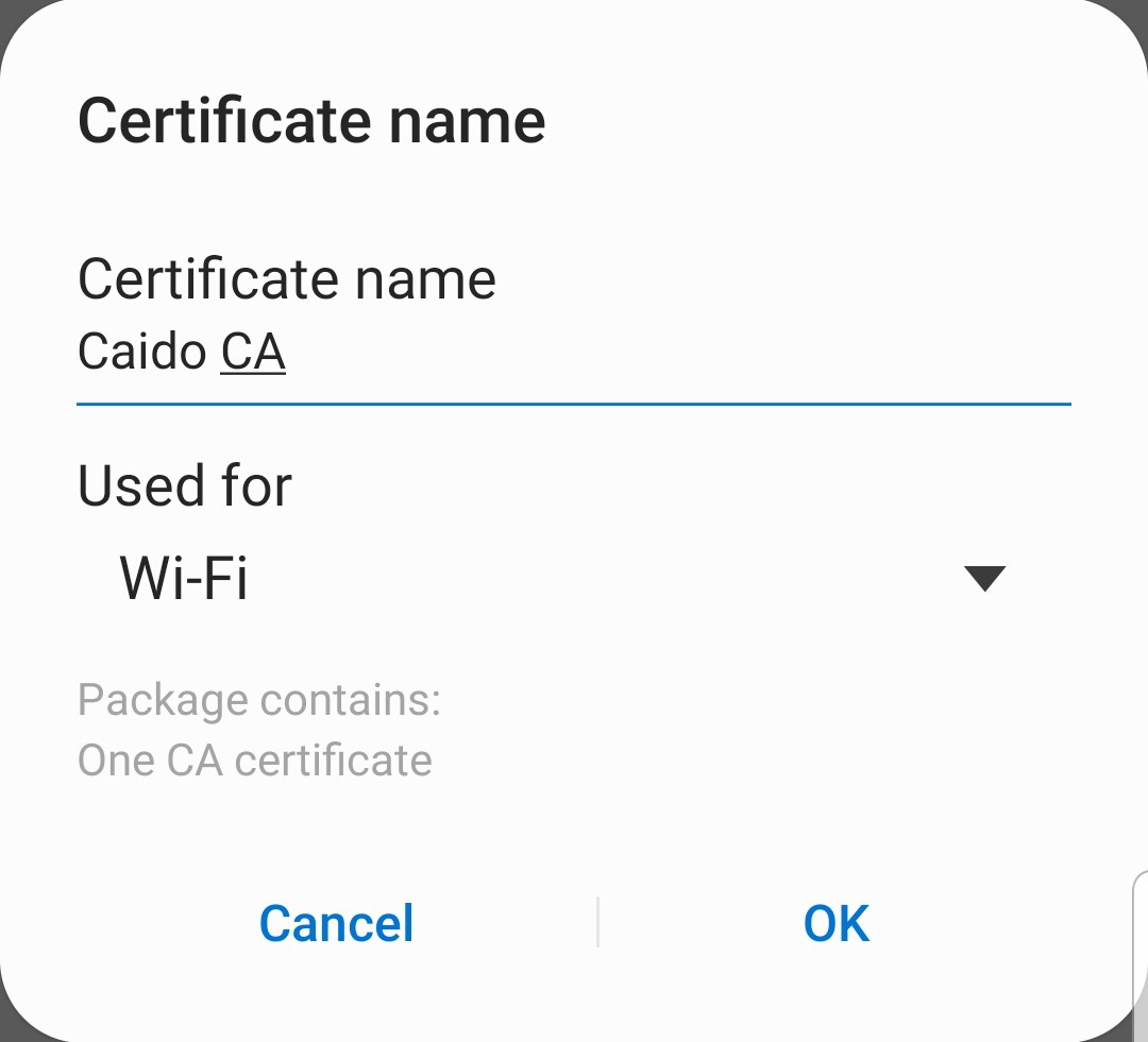 Mobile browser Caido certificate options.