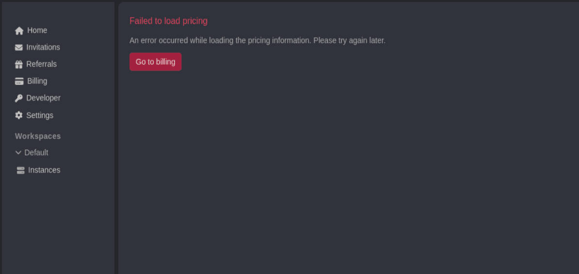 Dashboard pricing isn't loading