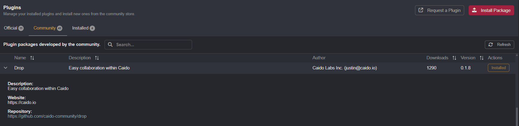 The Drop plugin listed in the Community tab.