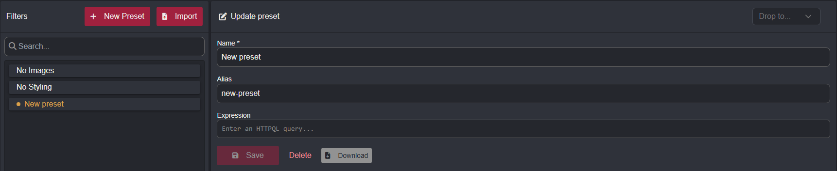 Creating a new Filter Preset.