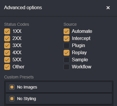 Additional filtering options menu.