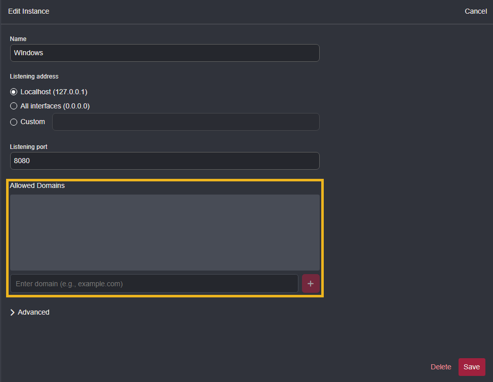Desktop Allowed Domains setting.