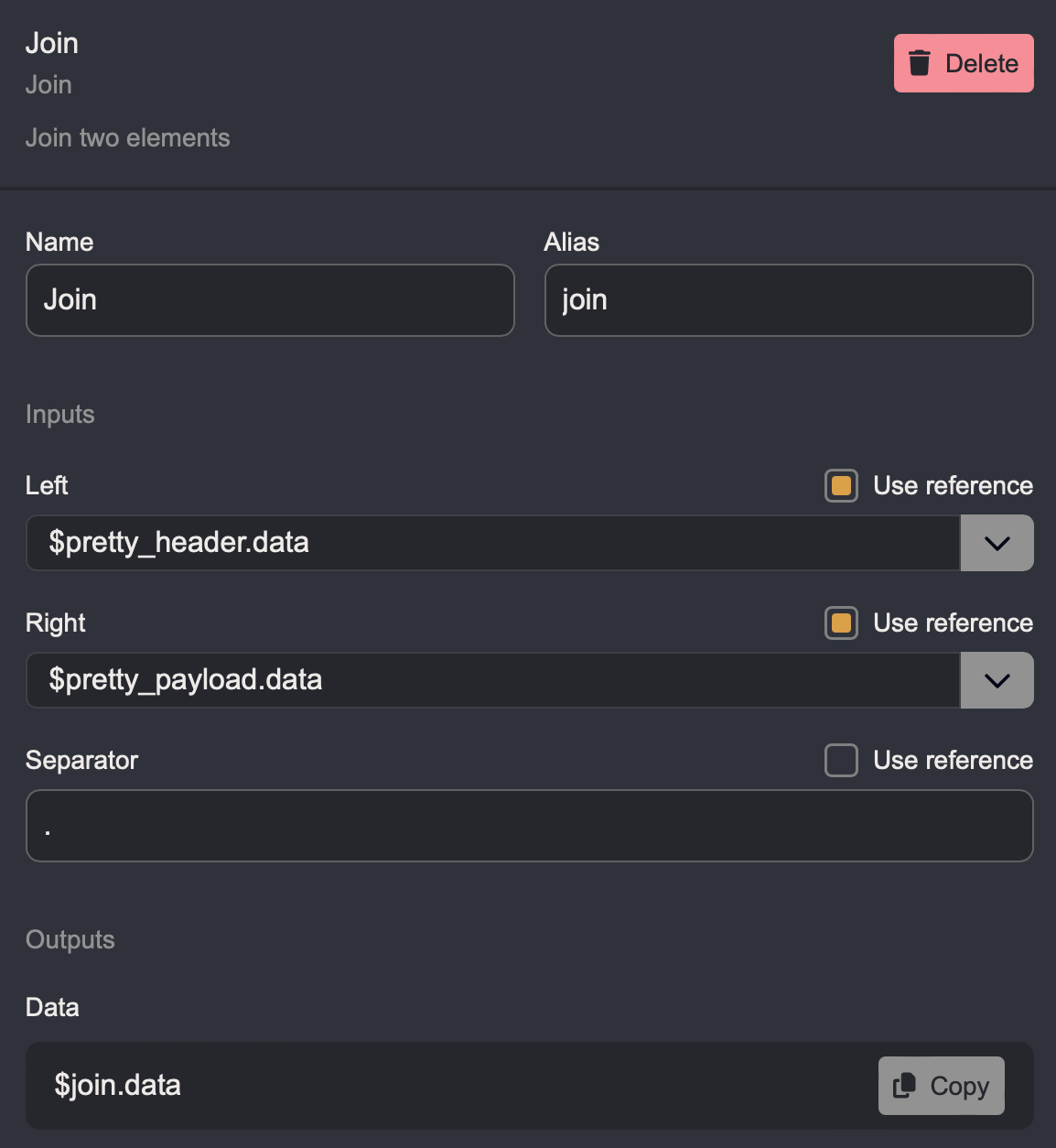 Settings for the join Node