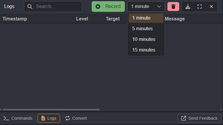 The in-app log panel.