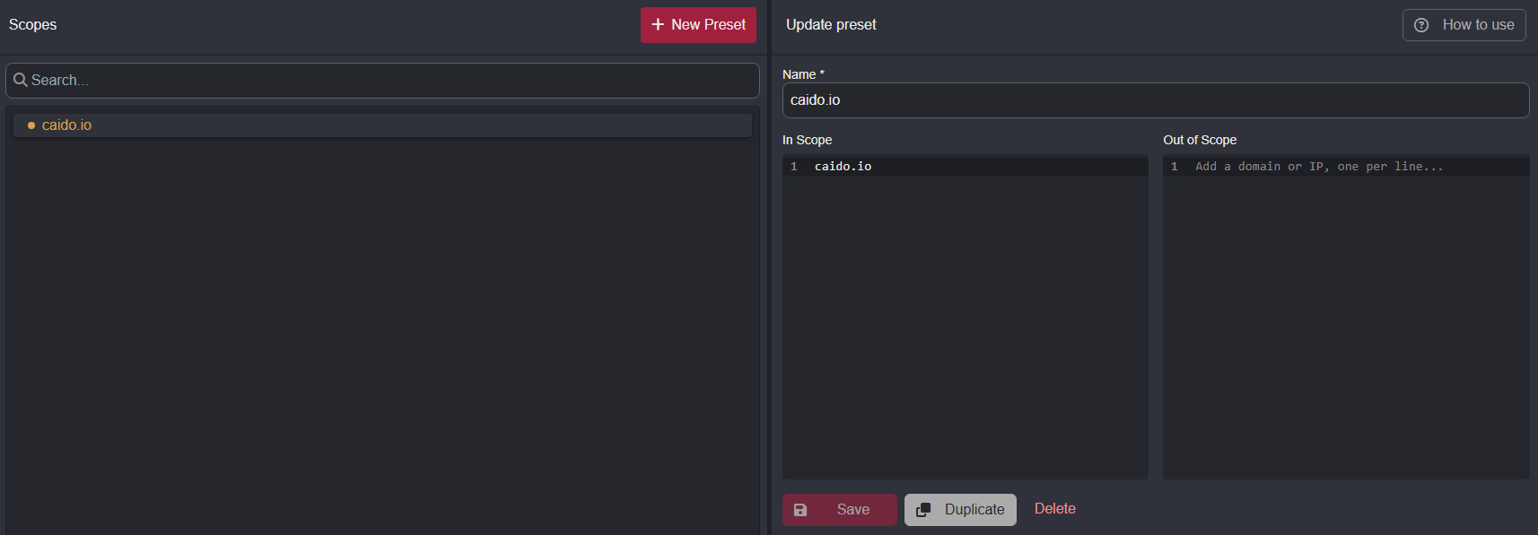 Scope Preset generated by the context menu option.