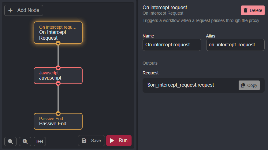 The editor for a On Intercept Request node.