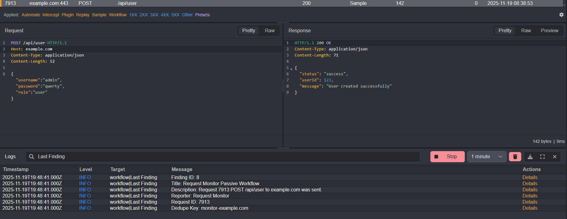 Finding data for specific request console log.