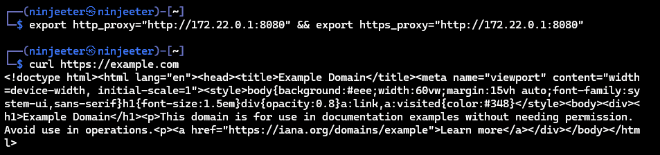 Setting the environment variables and entering a curl command without the -x argument.
